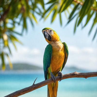 The primary subject of the image is a colorful parrot perched on a branch. The setting is a tropical environment, with the parrot standing on a branch in front of a blue ocean. The visual style of the image is a photo, capturing the vibrant colors and details of the parrot and its surroundings. The overall atmosphere of the image is lively and cheerful, with the parrot being the main focus and the tropical backdrop adding to the vividness of the scene.